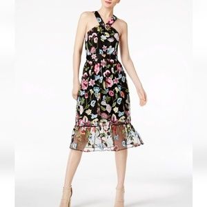 CYNTHIA ROWLEY Women Size M Black Floral Embroidery Halter Neck A Line Dress
